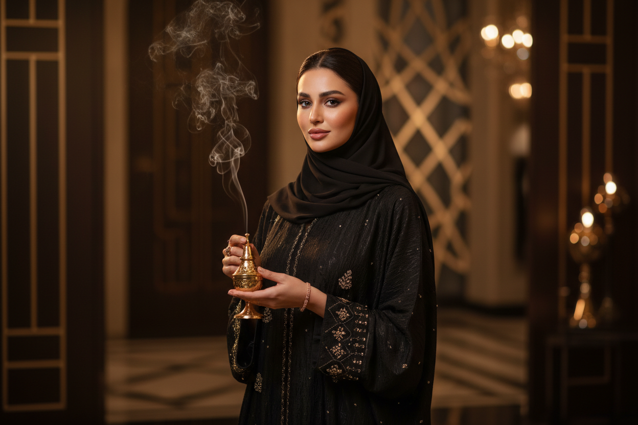 A realistic Arab woman holding traditional bakhoor incense, elegant and modern Middle Eastern beauty, wearing a black abaya with subtle luxury details, soft glowing embers of bakhoor smoke rising gracefully, warm cinematic lighting, rich dark tones with gold accents, premium luxury fragrance brand aesthetic, authentic cultural atmosphere, shallow depth of field, ultra-realistic skin texture, natural facial features, editorial fashion photography style, high-end perfume advertisement, dramatic yet soft shado